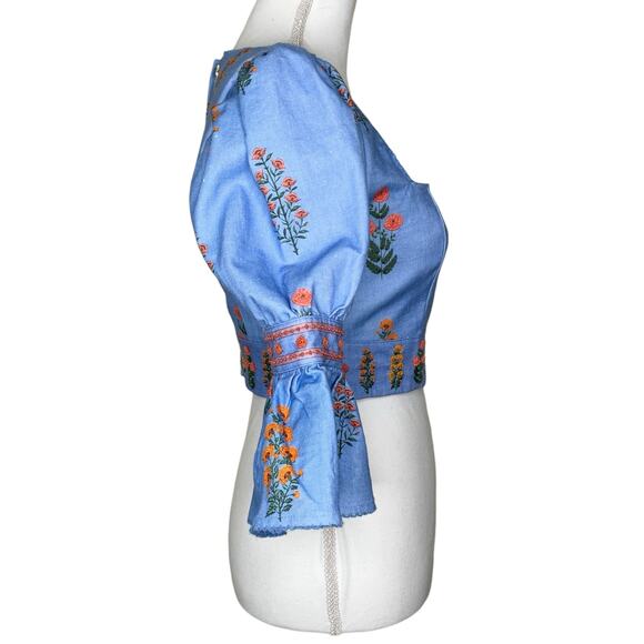 Agua by Agua Bendita Violeta Dahlia Blue Linen Embroidered Floral Cropped Top - Picture 7 of 12